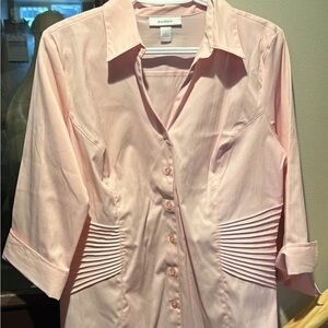 Dressbarn Pink Notched Collar Pleated Button Down Shirt